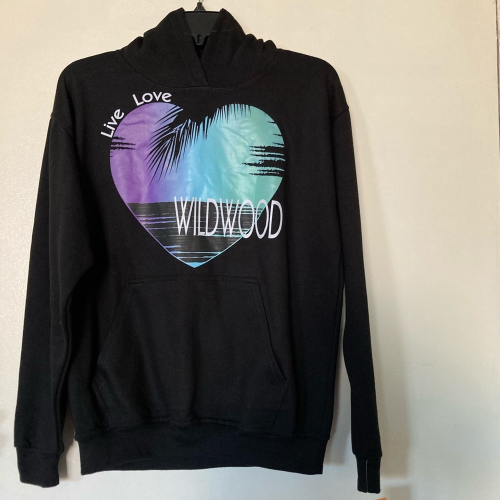 *BRAND NEW* Live Love Wildwood Black Hoodie W/ Purple & Teal Ombré Heart Graphic
